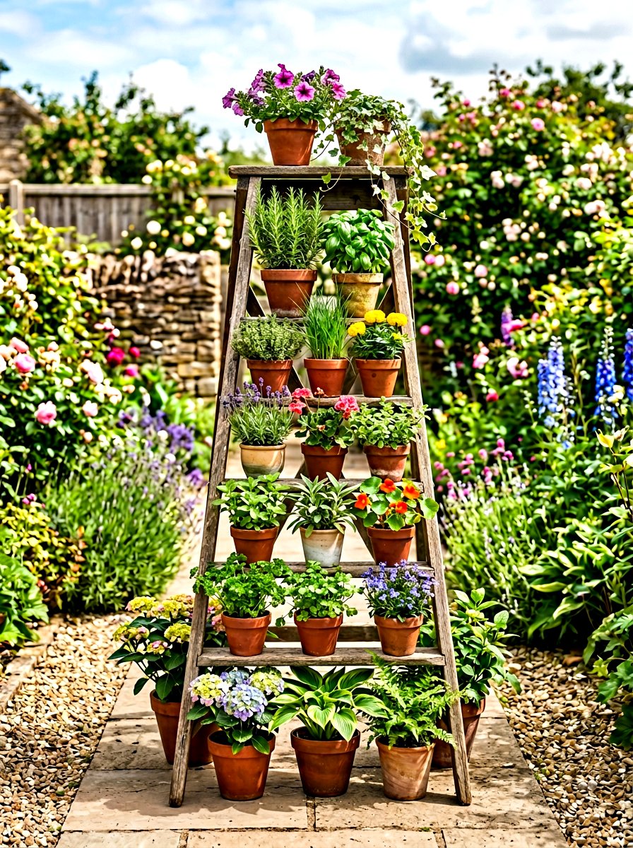 Wooden Ladder Stand - 30 budget container garden ideas