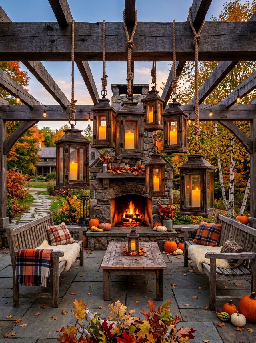 Wooden Lantern Cluster - 30 lantern cluster patio ideas