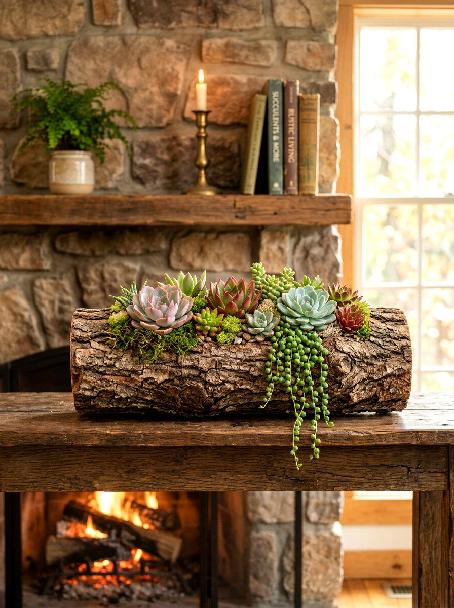 Wooden Log Succulent Planter - 30 indoor succulent garden ideas