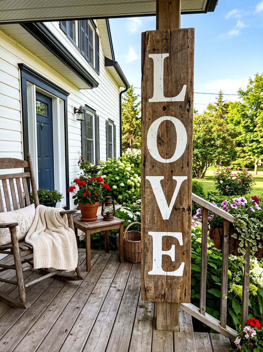 Wooden Love Sign - 30 front porch Valentine decor ideas