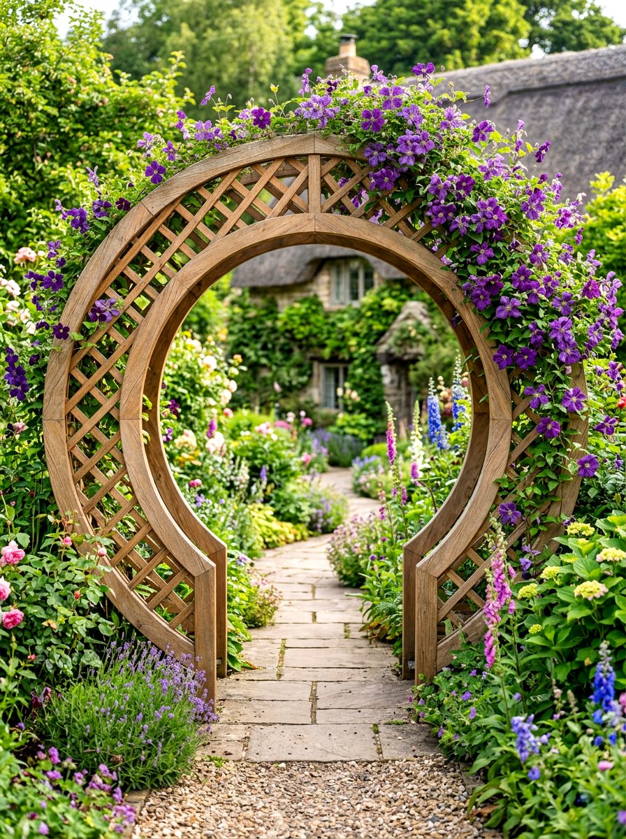 Wooden Moon Gate Trellis - 30 moon gate backyard ideas
