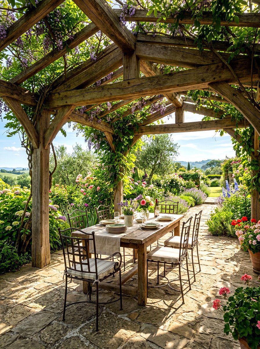 Wooden Pergola With Vines - 30 Tuscan revival patio ideas