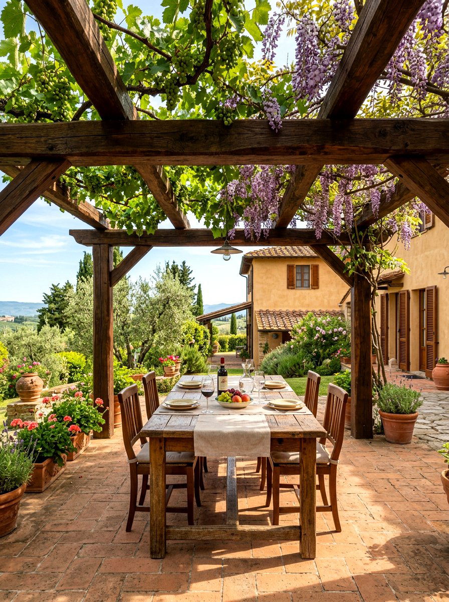 Wooden Pergola With Vines - 30 Tuscan patio ideas