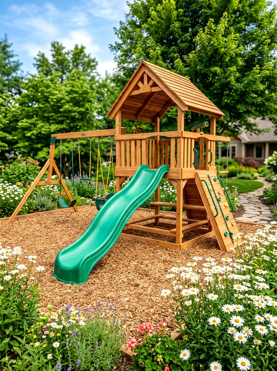 Wooden Playset With Slide - 30 backyard swing set ideas