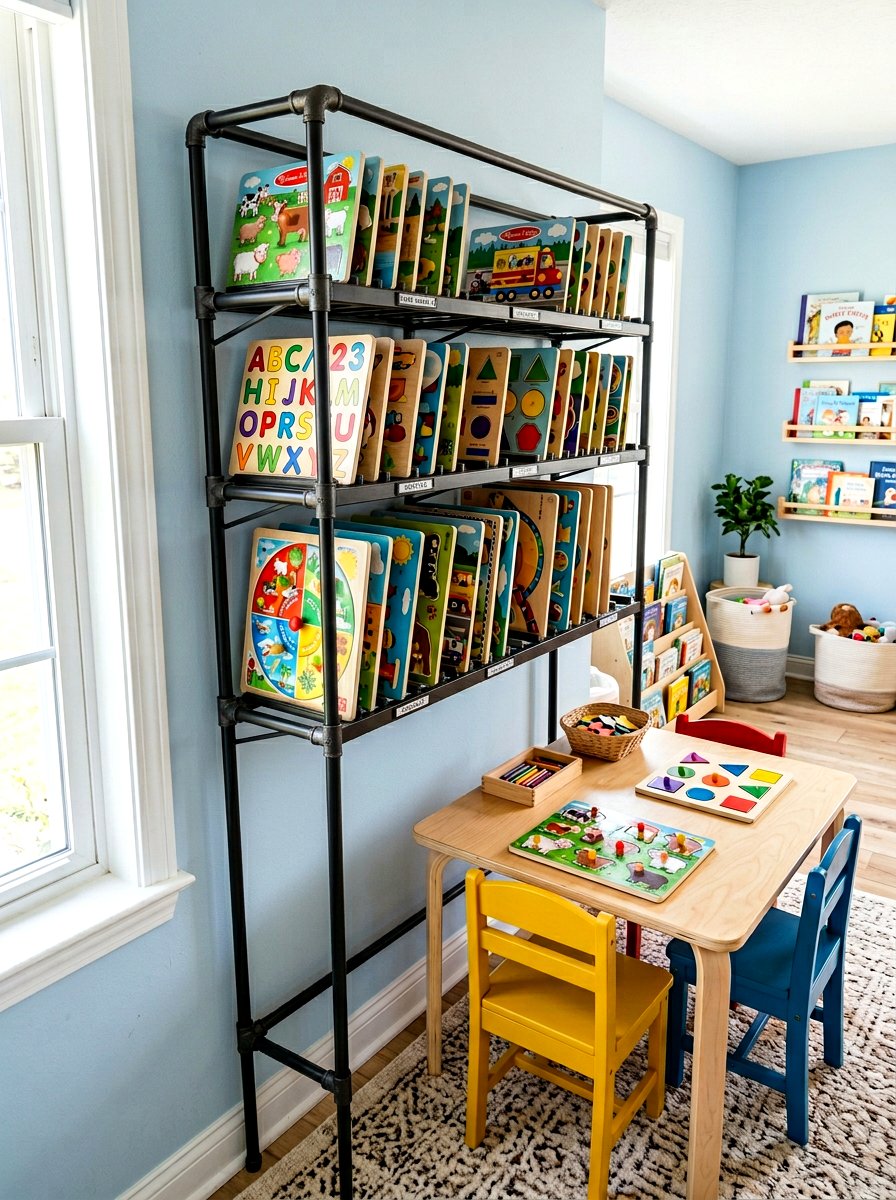 Wooden Puzzle Storage Rack System - 30 Montessori playroom ideas