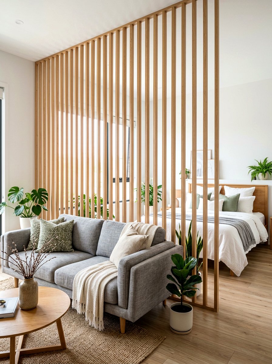 Wooden Slat Room Divider - 30 studio sleeping nook ideas