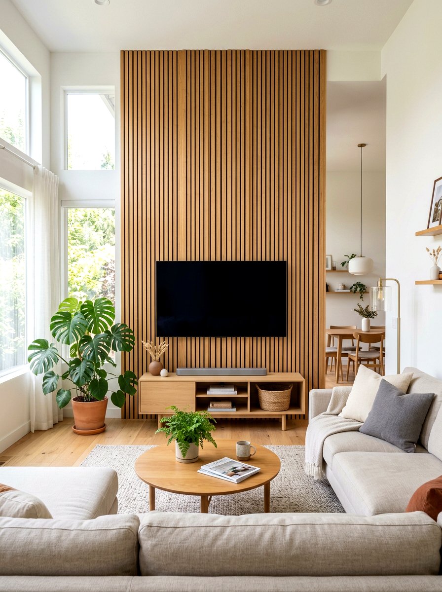 Wooden Slat Wall - 30 Japandi living room ideas