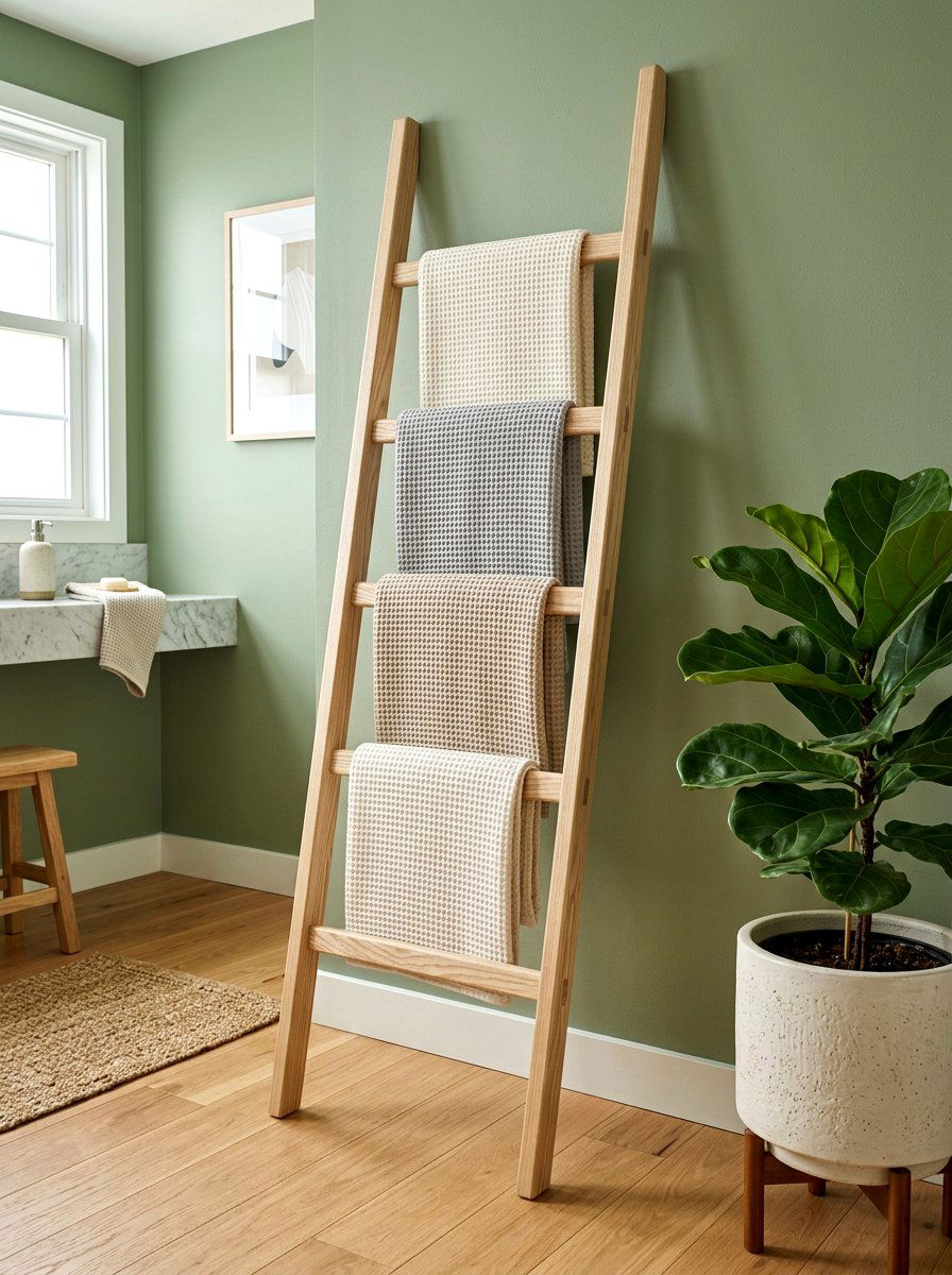 Wooden Towel Ladder - 30 towel storage ideas
