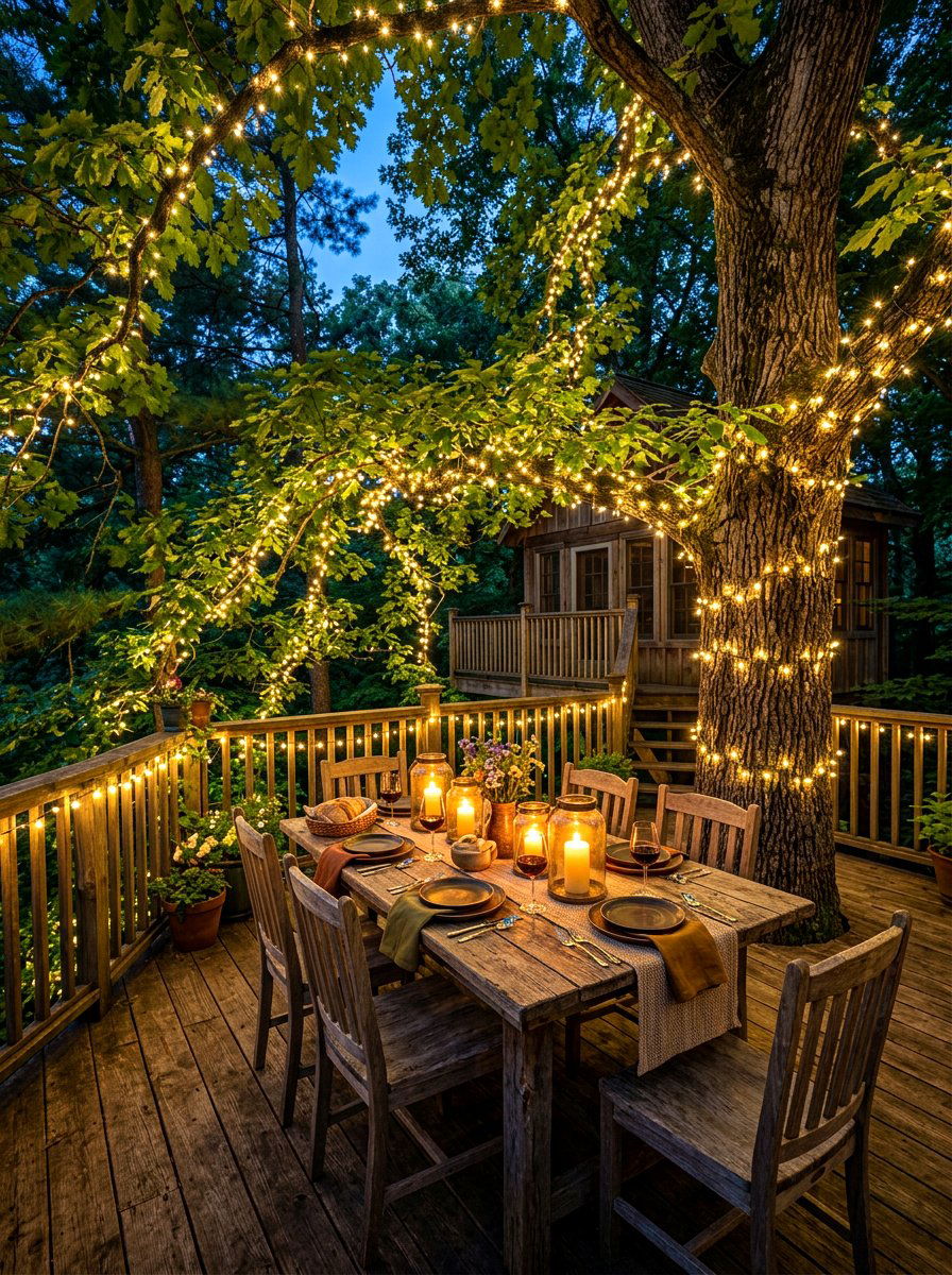 Wooden Treehouse Table - 30 backyard candlelight dinner ideas