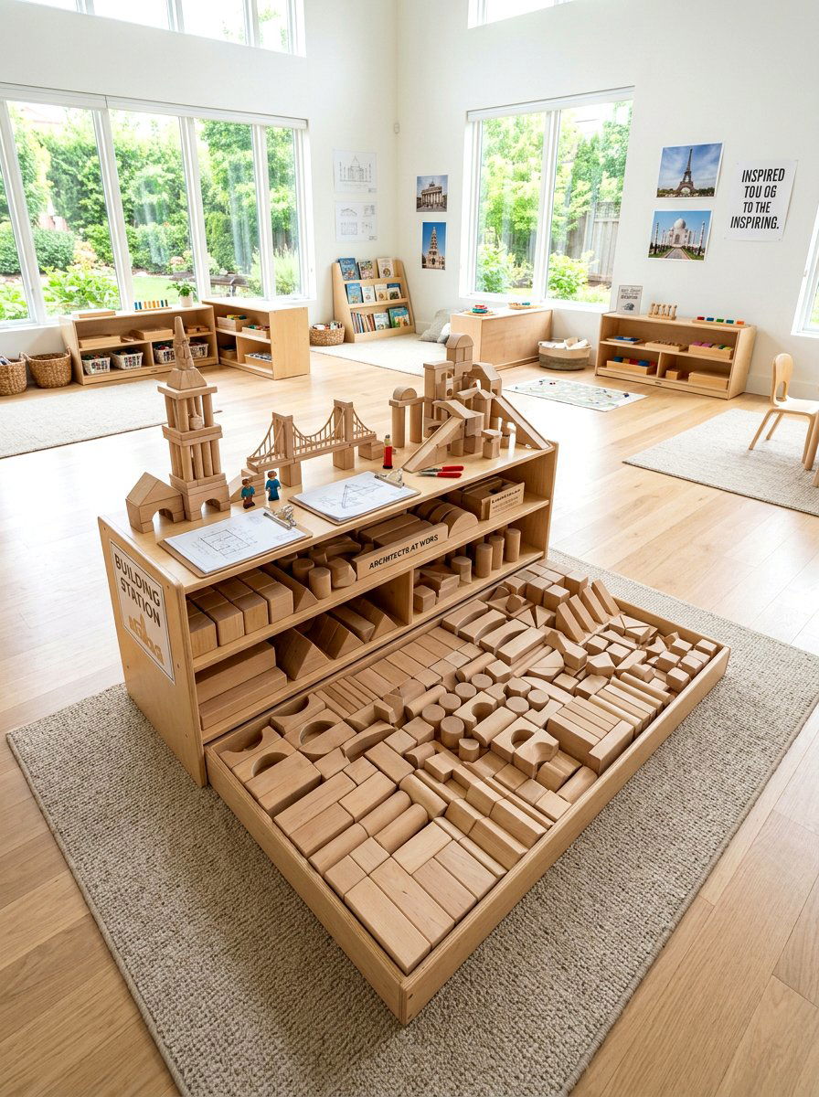 Wooden Unit Block Building Station - 30 Montessori playroom ideas