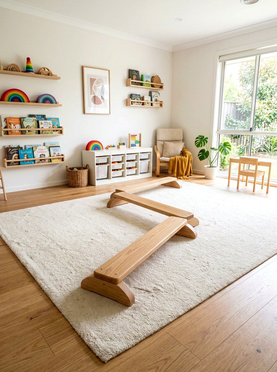 Wooden balance beam for kids - 30 sensory playroom ideas