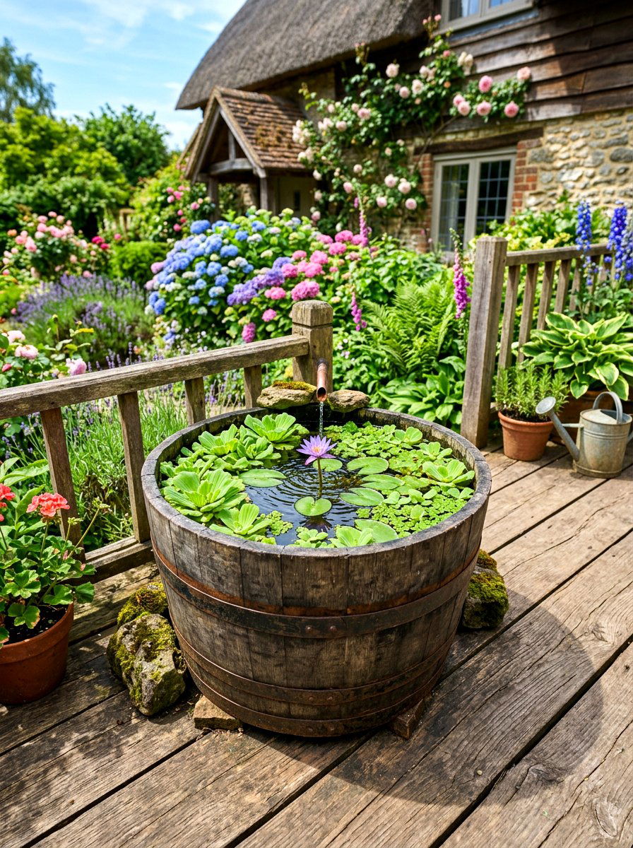 Wooden barrel water feature - 30 small pond ideas