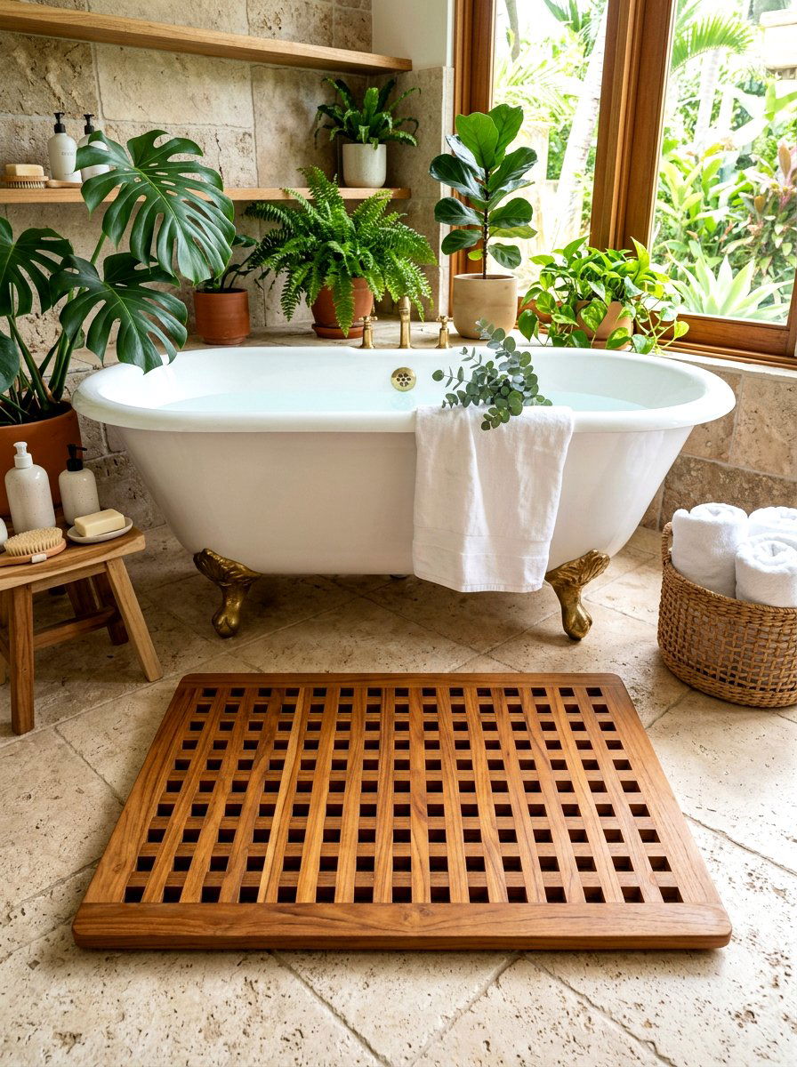 Wooden bath mat - 30 renter friendly bathroom decor ideas