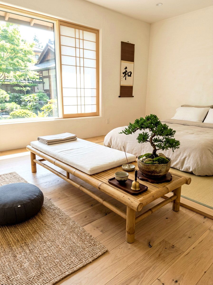 Wooden bench meditation bedroom - 30 meditation corner bedroom ideas