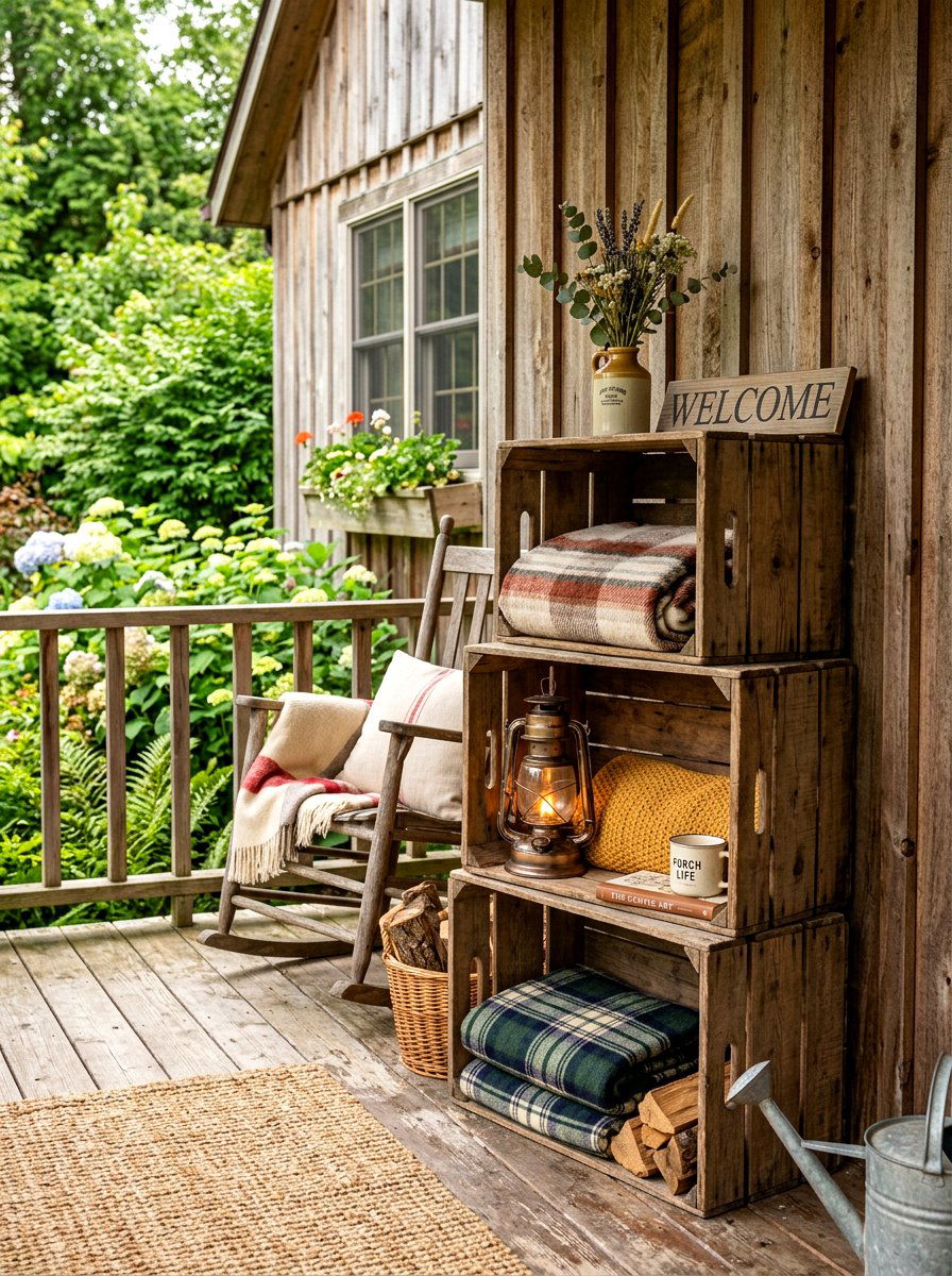 Wooden crate on porch - 30 outdoor blanket storage ideas