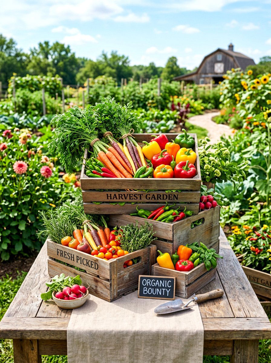 Wooden crate vegetable centerpiece display - 30 garden salad tablescape ideas
