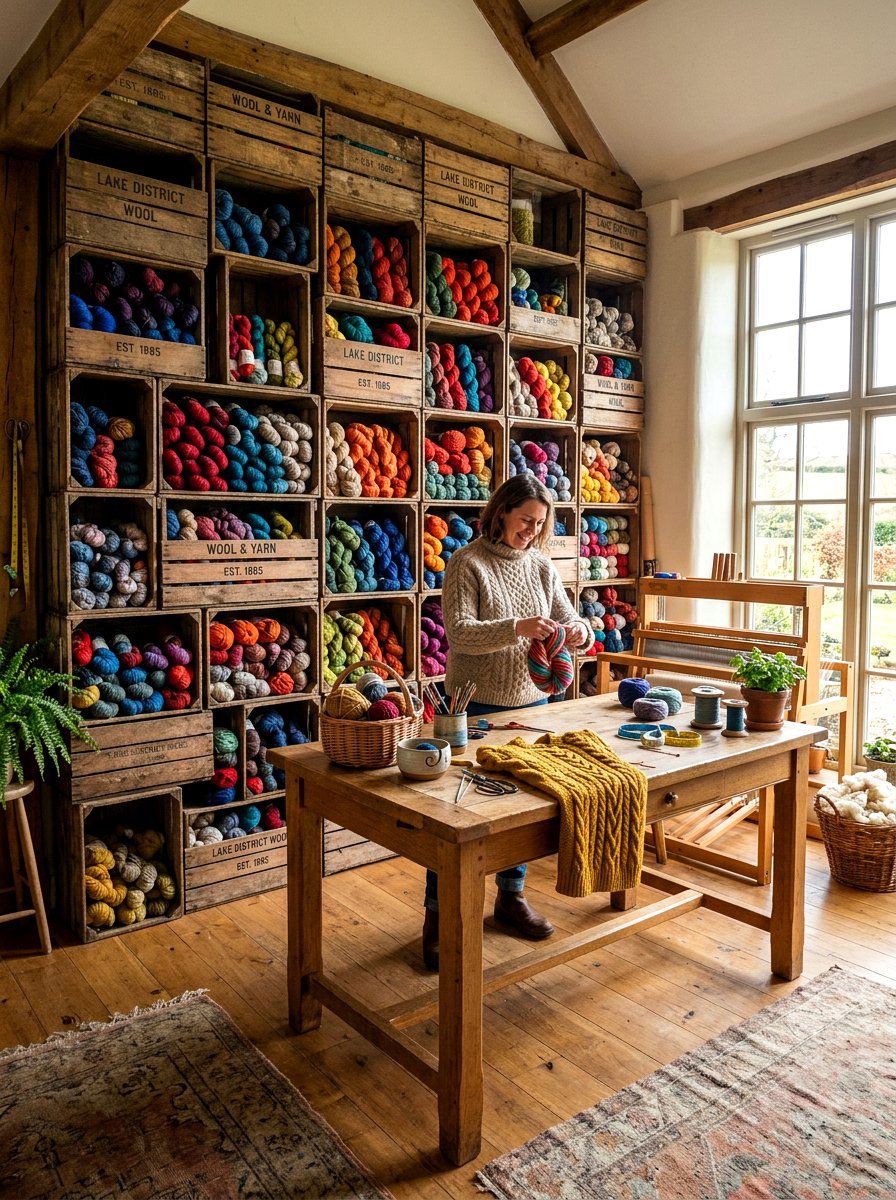 Wooden crate wall - 30 yarn storage ideas