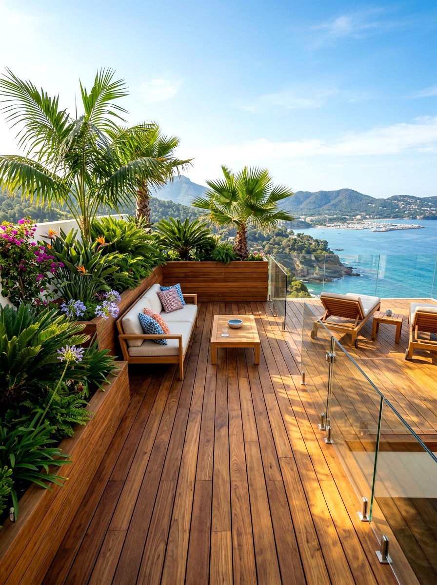 Wooden deck terrace - 30 tropical backyard landscaping ideas