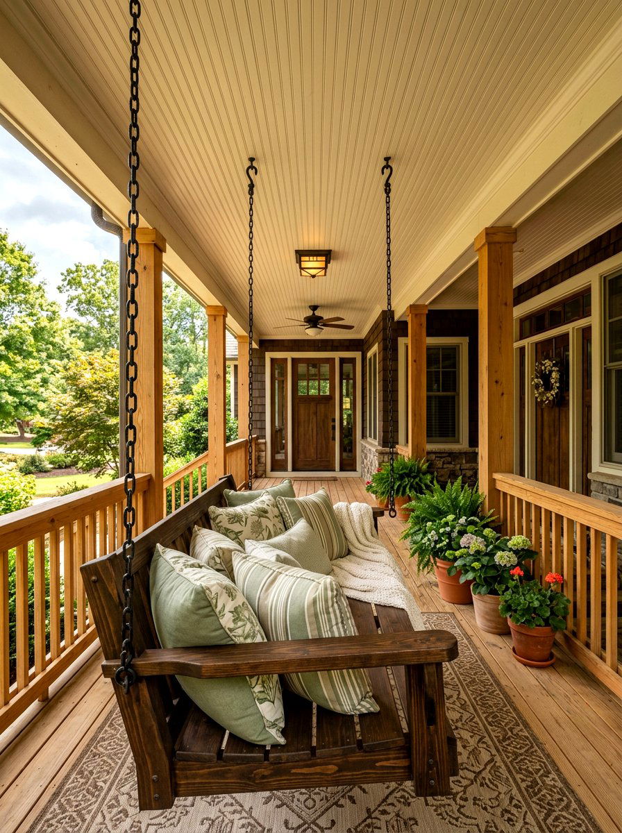 Wooden front porch swing - 30 craftsman front porch ideas