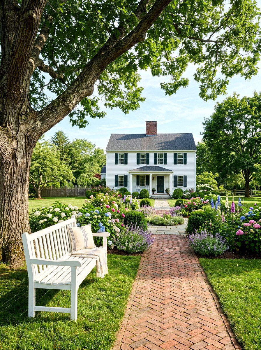 Wooden garden bench - 30 colonial front yard ideas