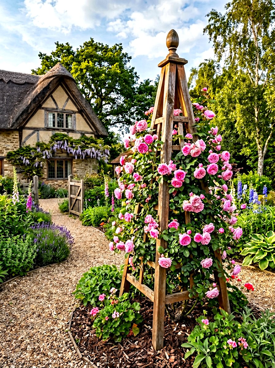 Wooden garden obelisk - 30 climbing rose trellis ideas