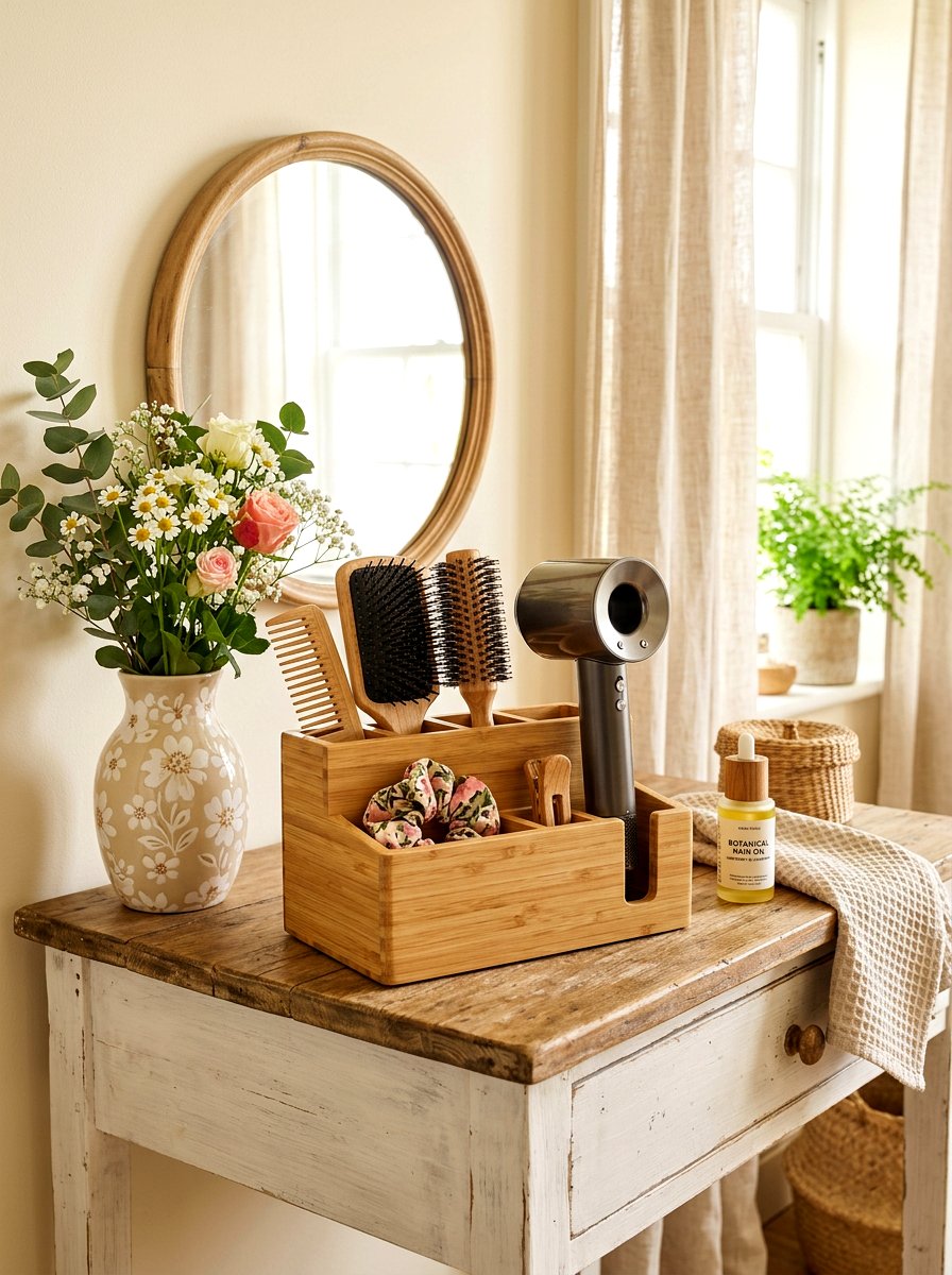 Wooden hair tool caddy - 30 hair tool storage ideas