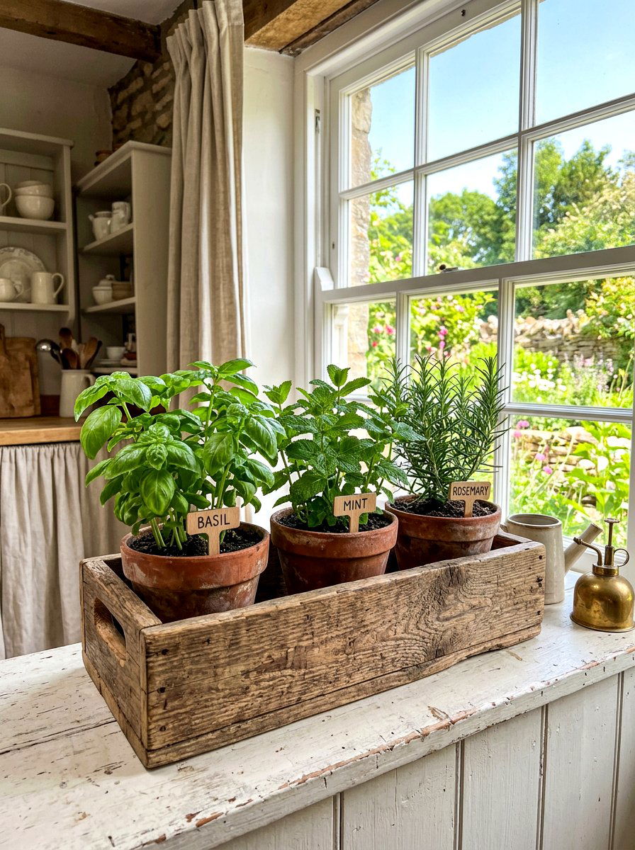Wooden herb crate - 30 windowsill herb garden ideas