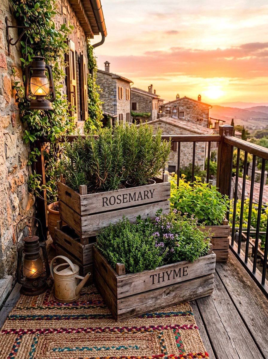 Wooden herb crate - 30 balcony herb box ideas