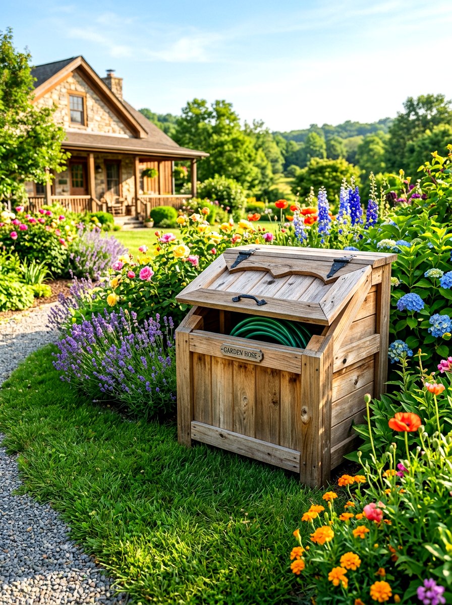 Wooden hose box storage - 30 hose reel hideaway ideas