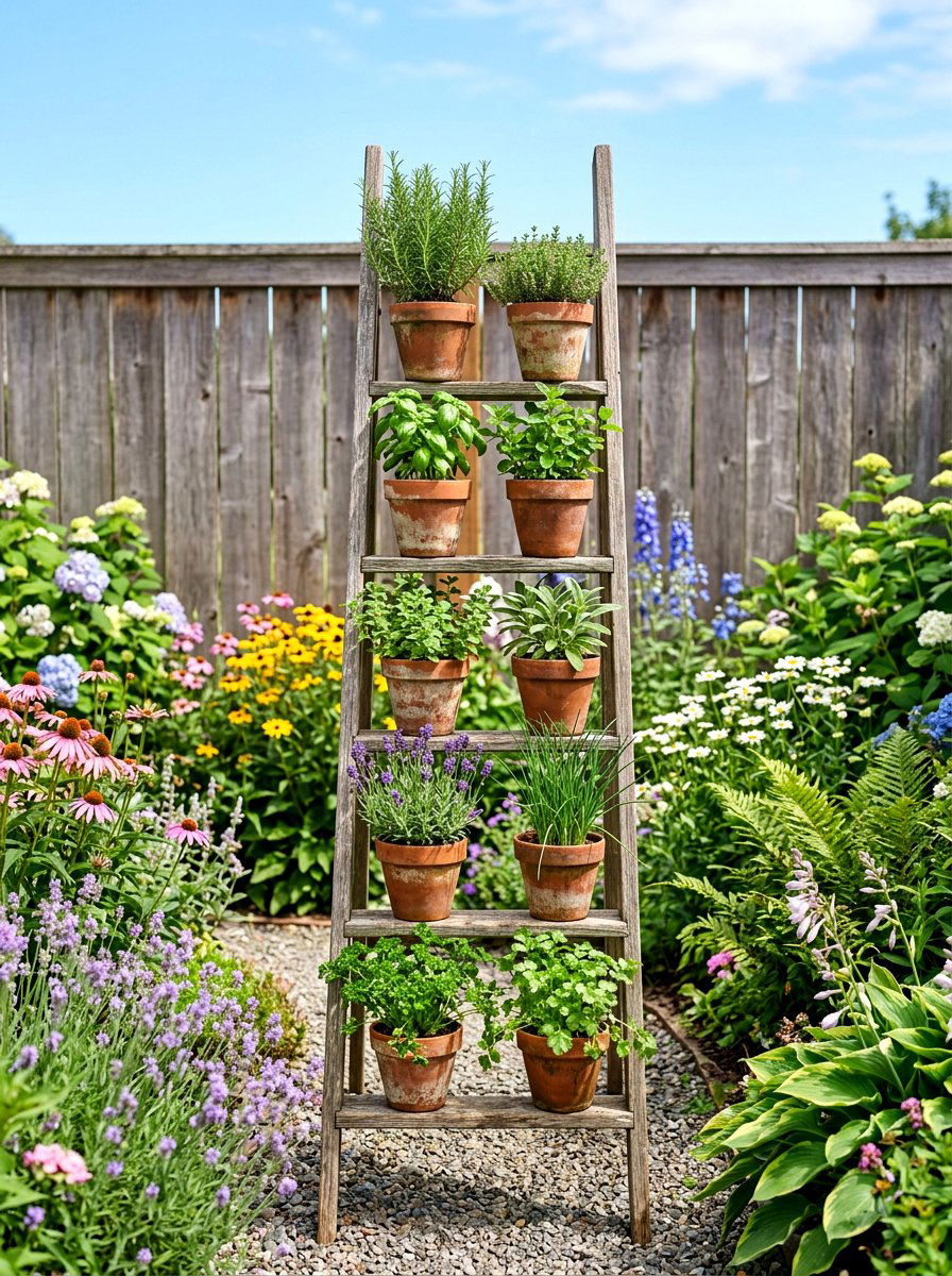 Wooden ladder planter - 30 herb garden planter ideas