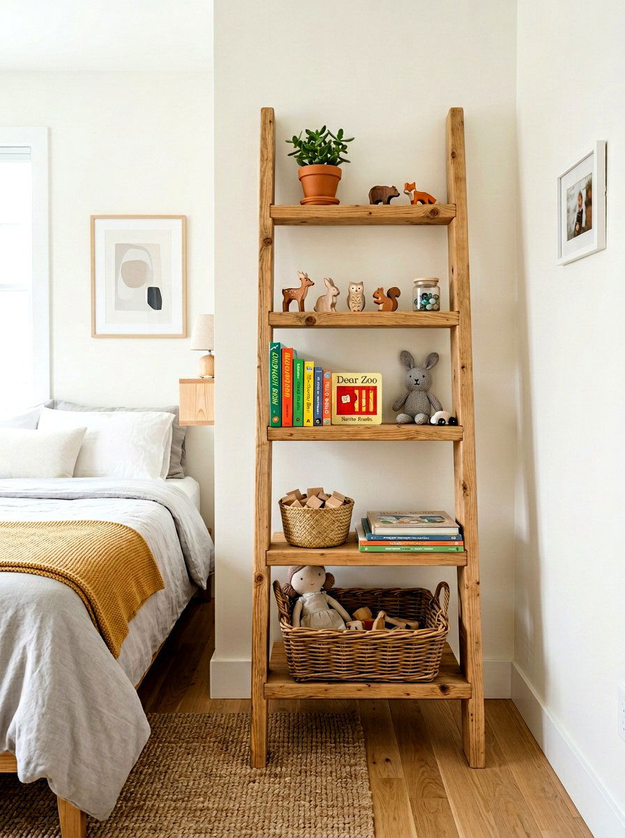 Wooden ladder shelf - 30 stuffed animal storage ideas