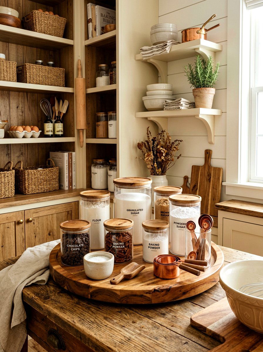 Wooden lazy Susan for baking supplies - 30 lazy Susan pantry ideas