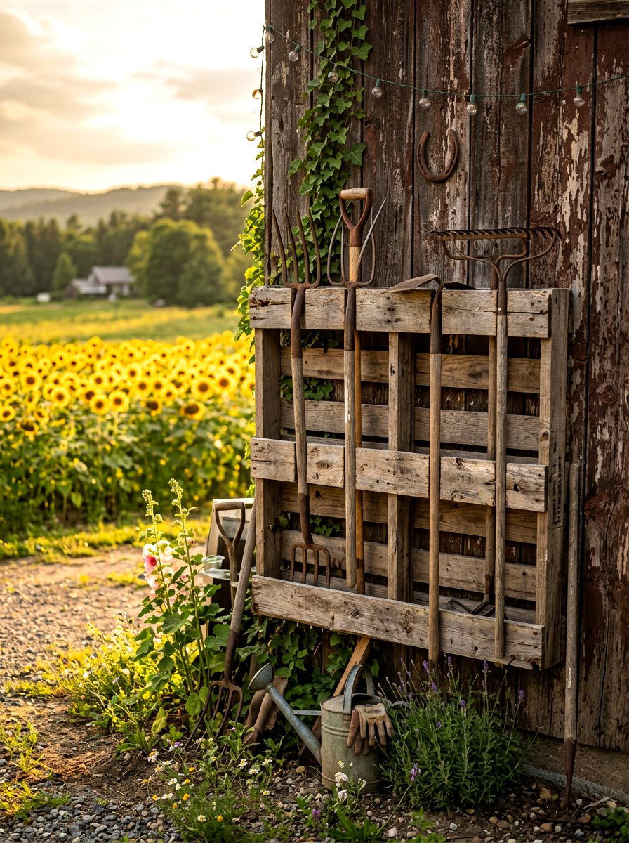 Wooden pallet tool rack - 30 garden tool wall ideas