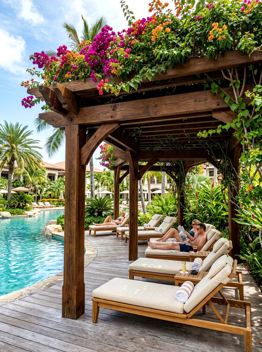Wooden pergola shade - 30 tropical pool landscaping ideas