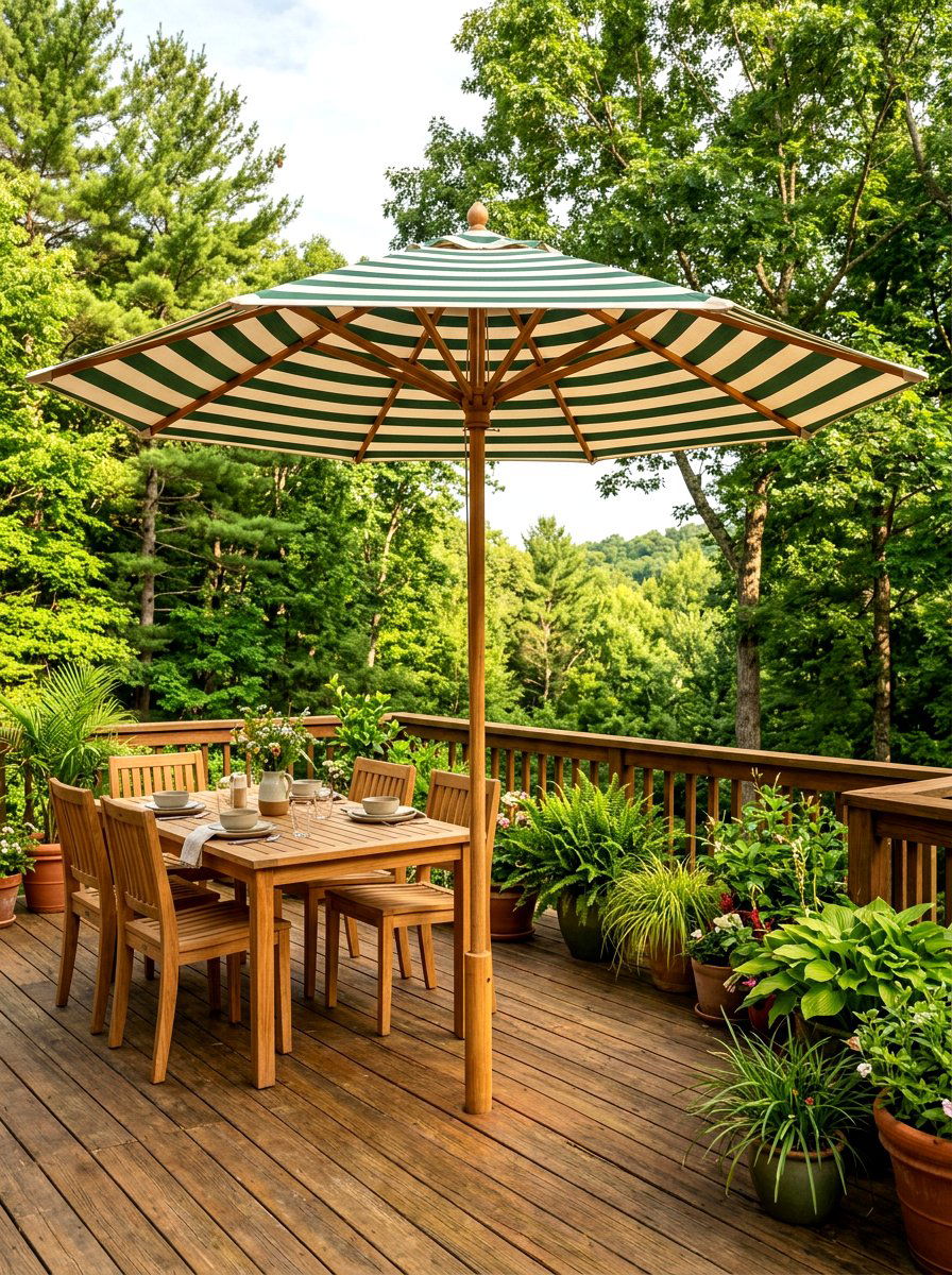 Wooden pole striped umbrella - 30 striped umbrella patio decor ideas