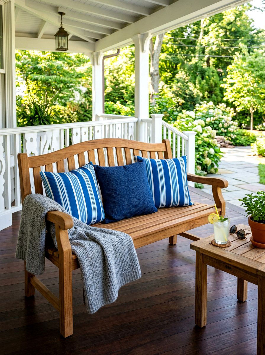 Wooden porch bench - 30 charming stoop decor ideas