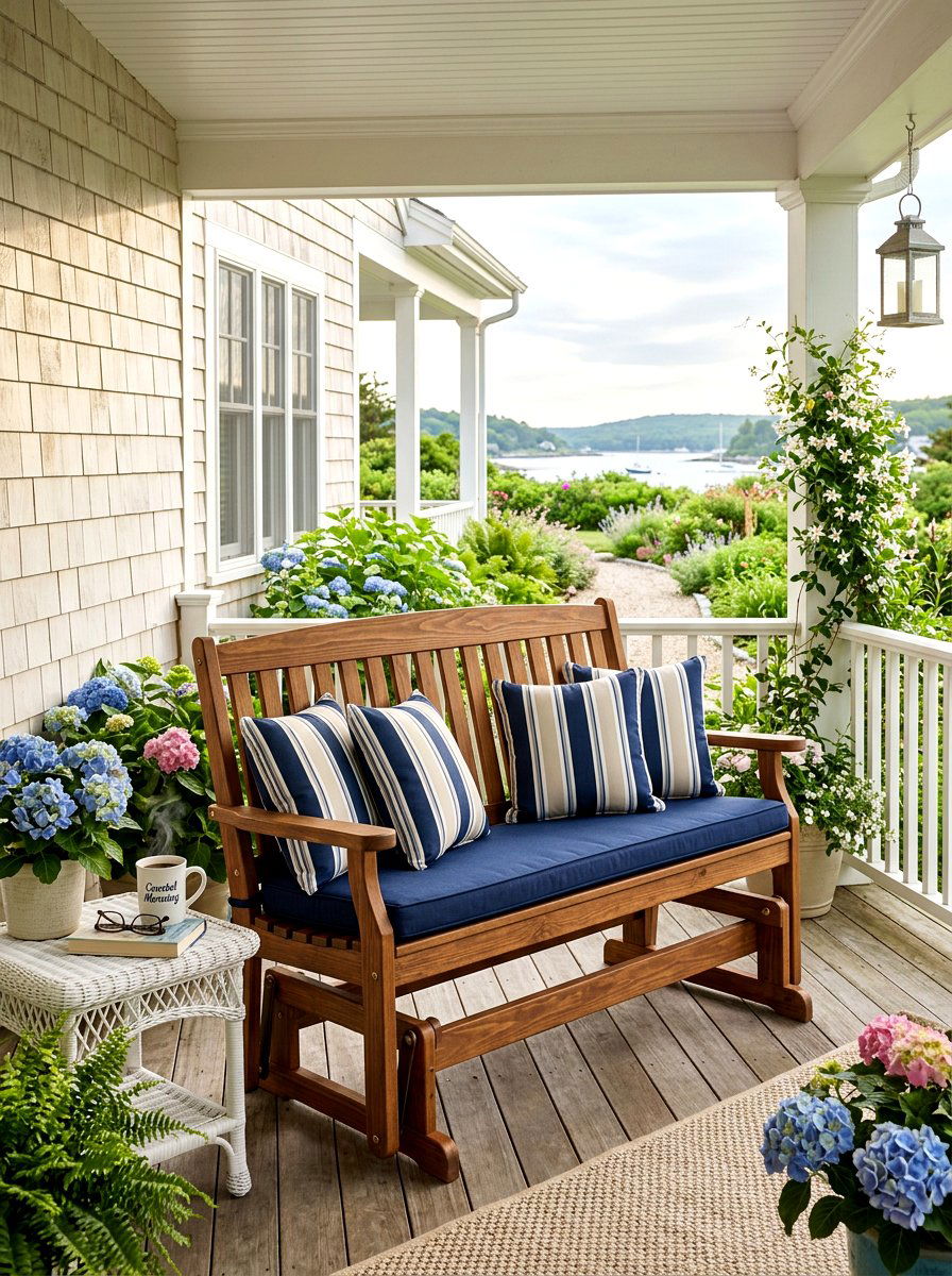 Wooden porch glider - 30 front yard seating ideas