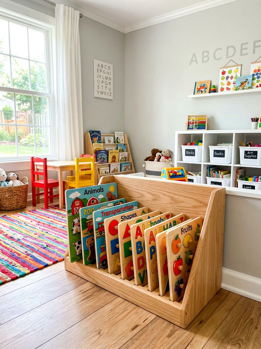 Wooden puzzle rack - 30 puzzle storage ideas