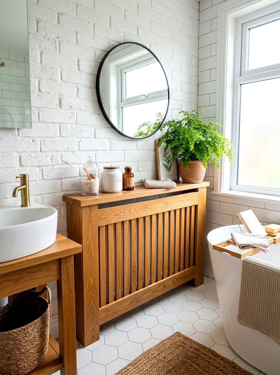Wooden radiator cover shelf - 30 renter safe bathroom shelf ideas