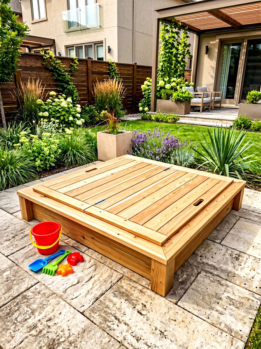 Wooden sandbox with bench cover - 30 sandbox ideas