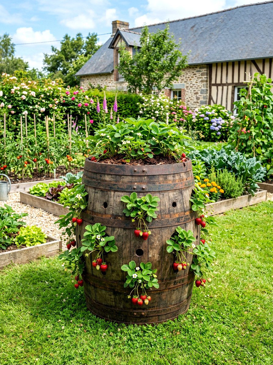 Wooden strawberry barrel - 30 strawberry planter ideas