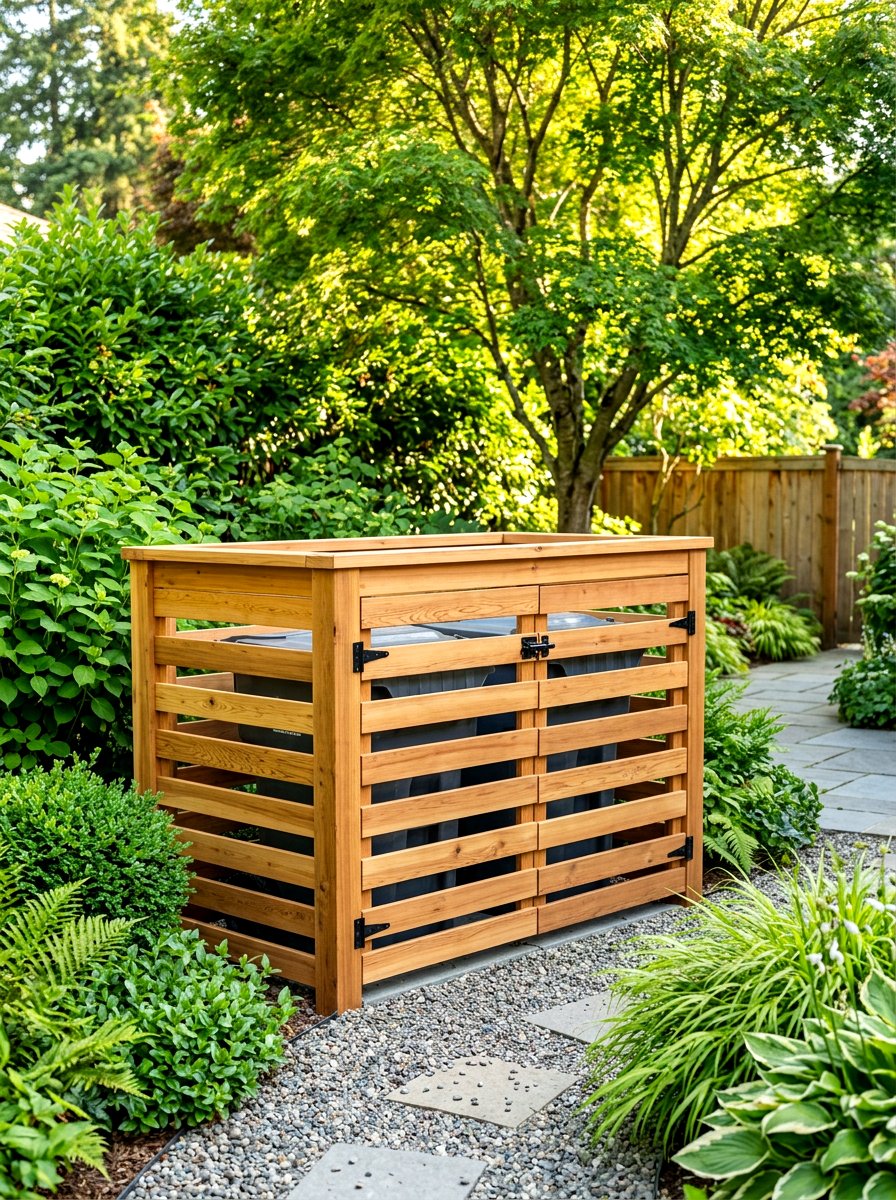 Wooden trash can screen - 30 trash can enclosure ideas