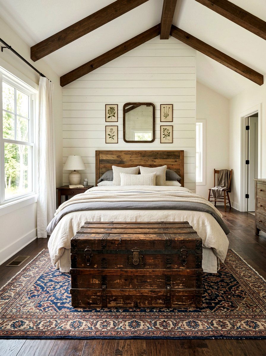 Wooden trunk at foot of bed - 30 bedding storage ideas