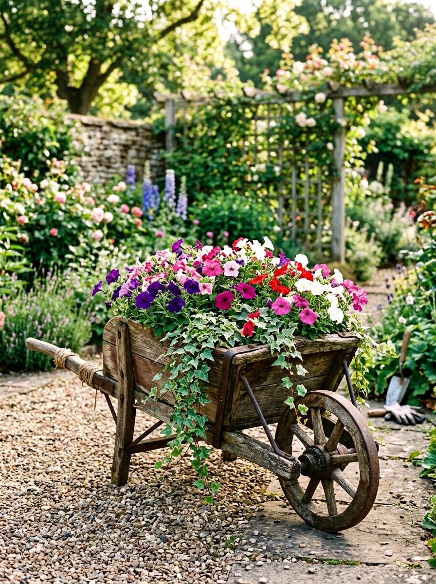 Wooden wheelbarrow planter - 30 rustic garden ideas