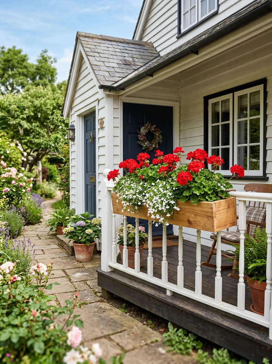 Wooden window box for railing - 30 railing planter ideas