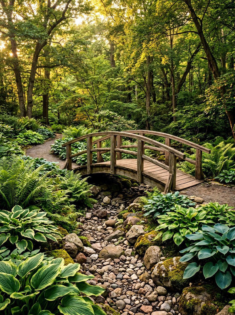 Woodland Bridge Feature - 30 woodland shade garden ideas