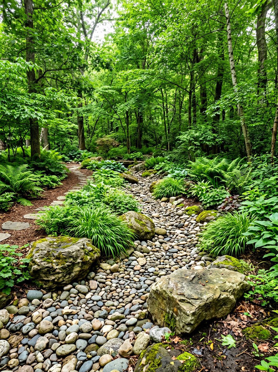 Woodland Dry Creek - 30 woodland shade garden ideas