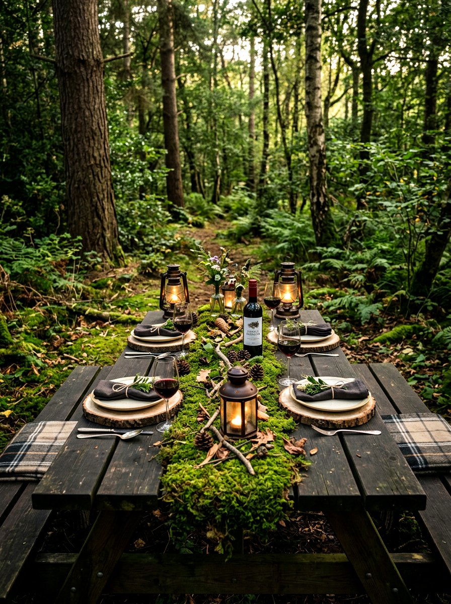 Woodland Forest Picnic Table - 30 outdoor picnic table decor ideas