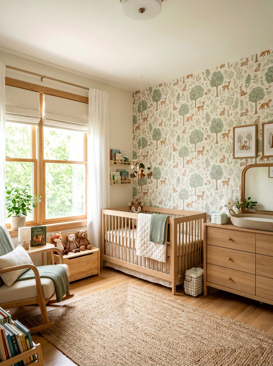 Woodland Nursery Wallpaper - 30 sage and cream nursery ideas