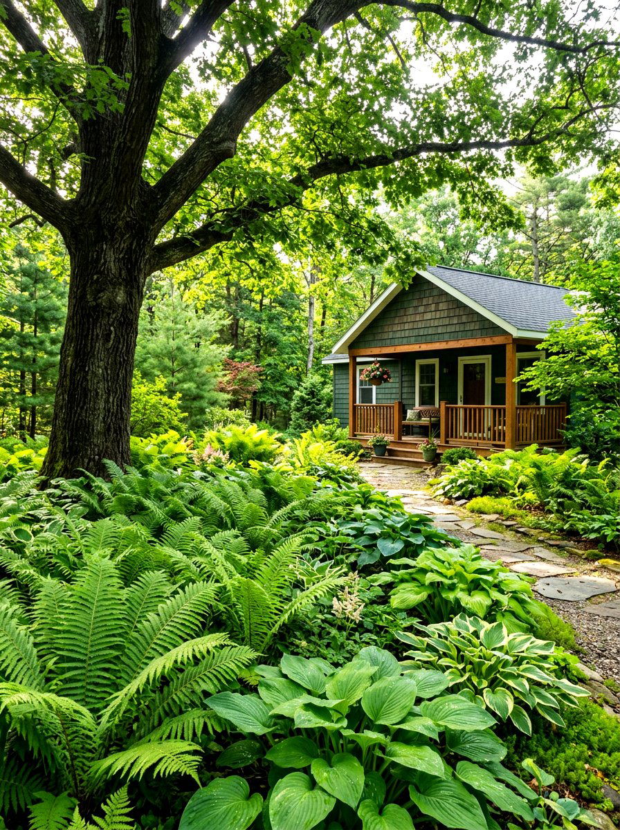 Woodland Shade Garden With Ferns - 30 bungalow front yard ideas